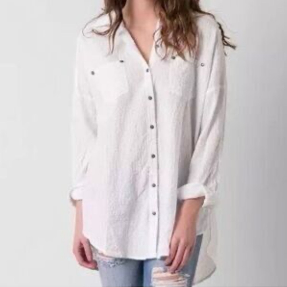 Free People Oversized Button Down Casual Boho Lagan Look Crinkled Tunic Top